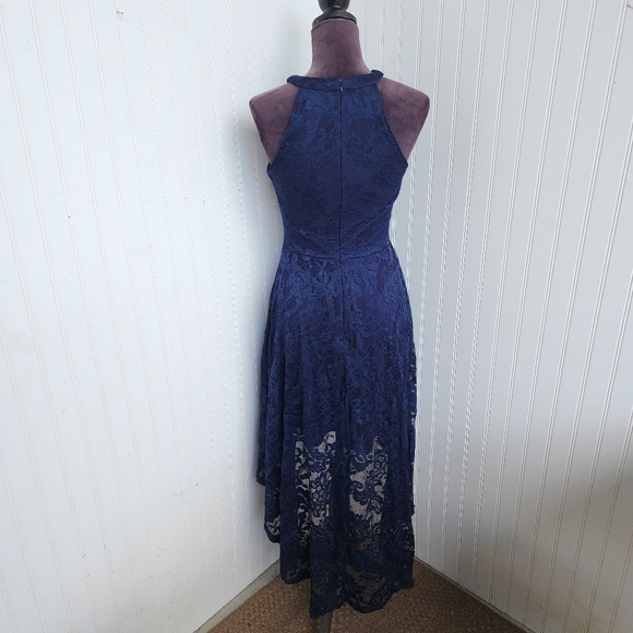 DressyStar Womens Halter Floral Lace Hi-Lo Party Dress Navy M Blue Sleeveless - Picture 7 of 14